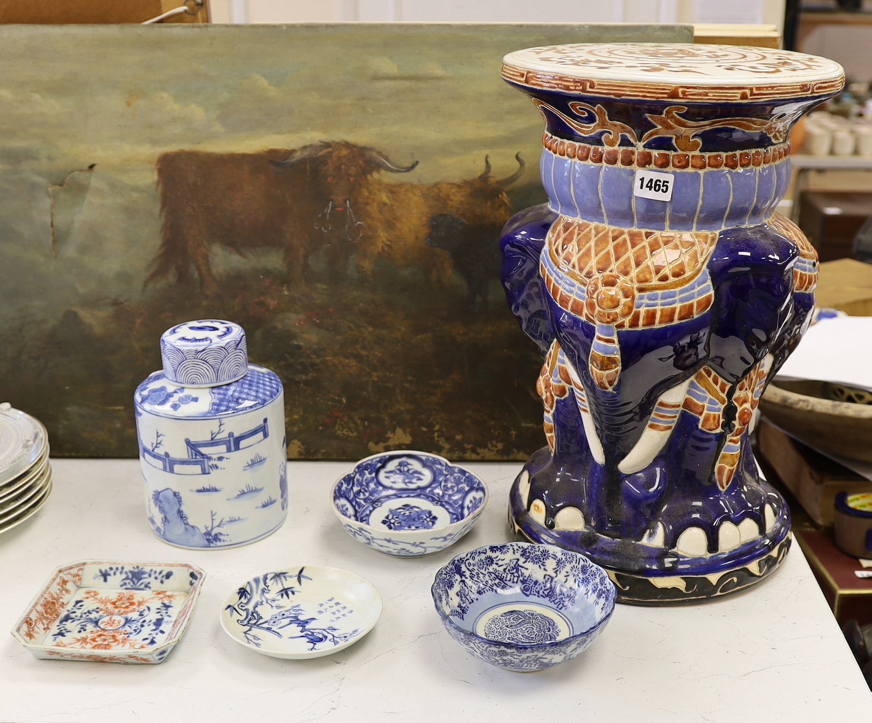 An 18th century Imari dish, a ginger jar and cover, assorted Chinese blue and white dishes and elephant garden seat, seat 47cm high